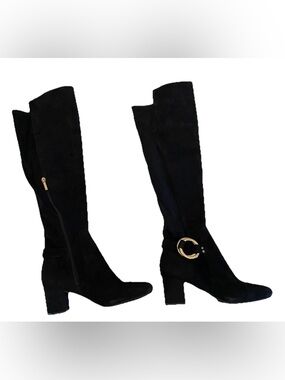 Karl Lagerfeld Black Suede Knee Boots with Gold Ring Accent